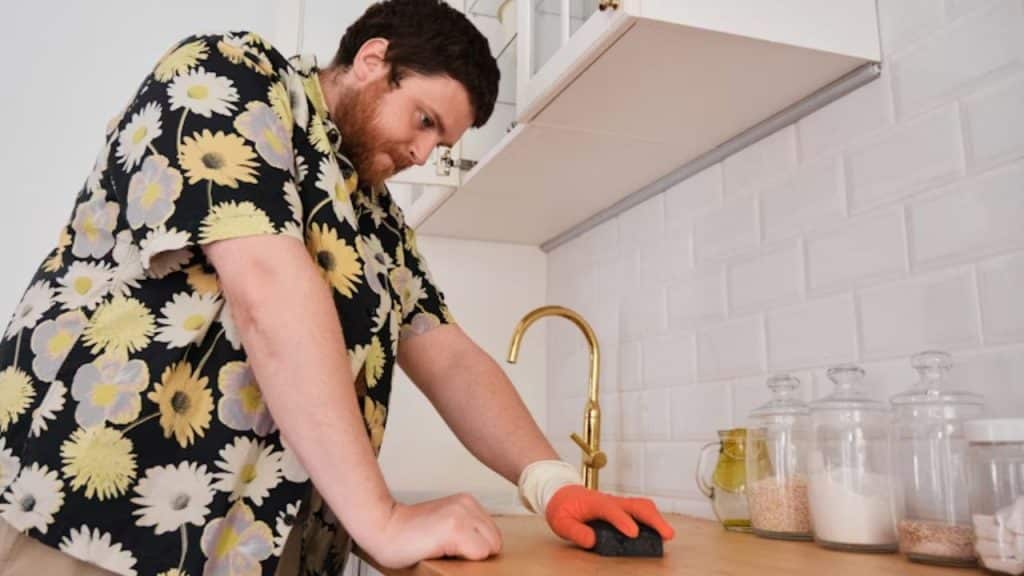 A man cleaning the kitchen counter