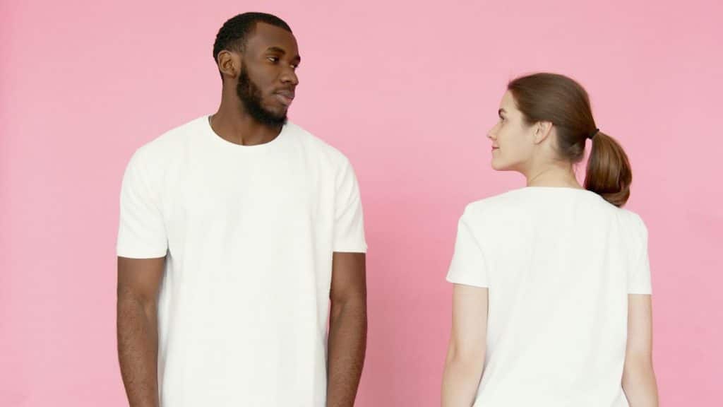 A man and woman looking at each other