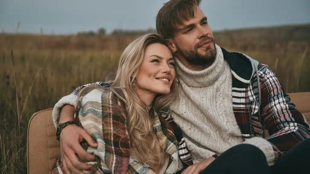 A couple sitting outdoors on a field, smiling and looking into the distance.