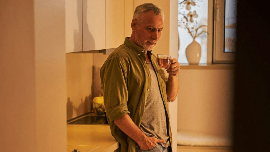 A mature man with a beard leans on a kitchen counter, holding a glass of tea.