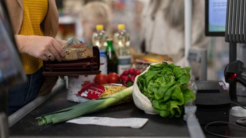 A person at a grocery checkout line holding a wallet and paying for groceries with euro cash.