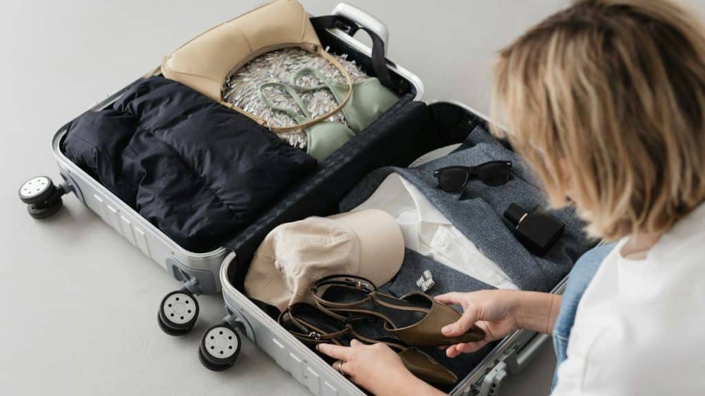 A person is carefully packing clothes and shoes into an open silver suitcase.