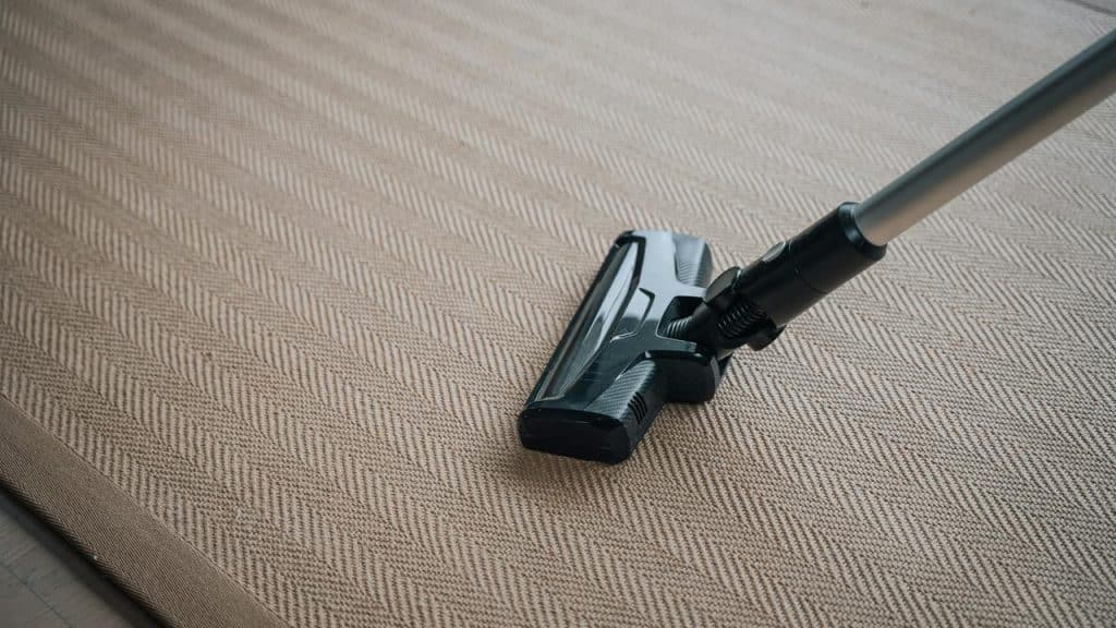 A vacuum cleaner head moves across a carpet.