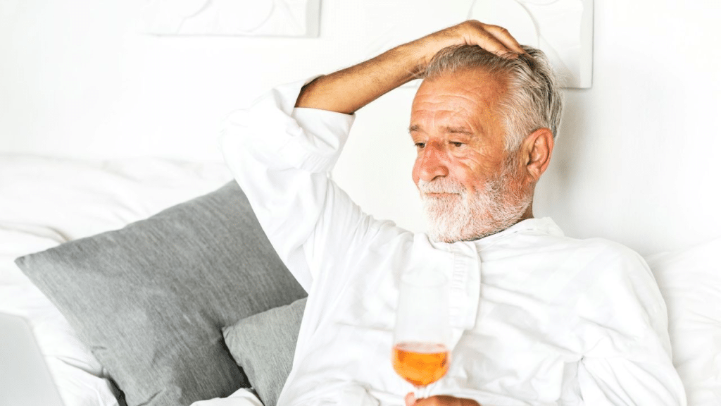 A pensive, mature man in a white shirt holding a glass of wine on a bed.