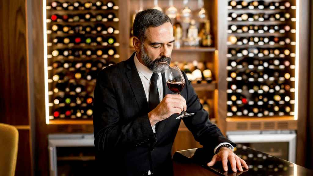 A handsome, mature man in a suit sips wine at a bar in a luxurious restaurant.