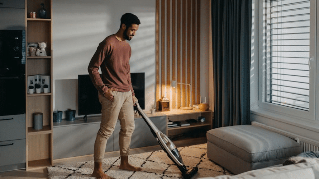 A man smiling while cleaning the house