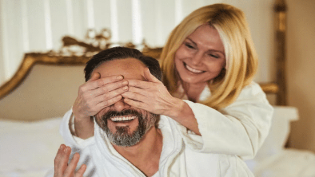 A wife surprising her husband