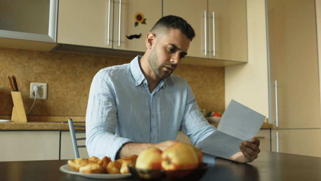 A stressed man looks at a document at a kitchen table.