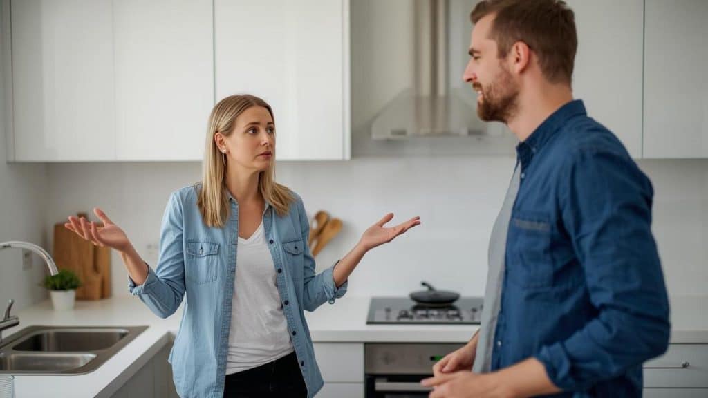 A woman nagging her husband to do the dishes