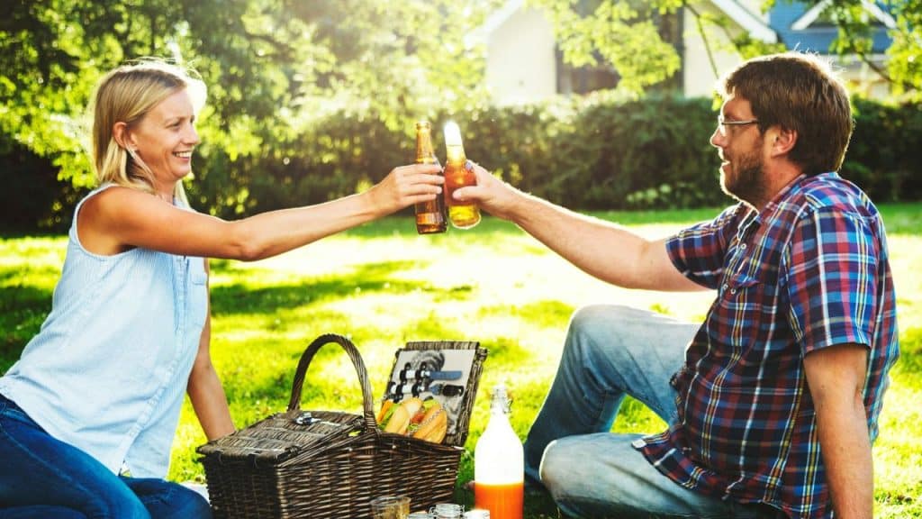 A happy couple is toasting with bottles over a picnic basket in a sunny park.
