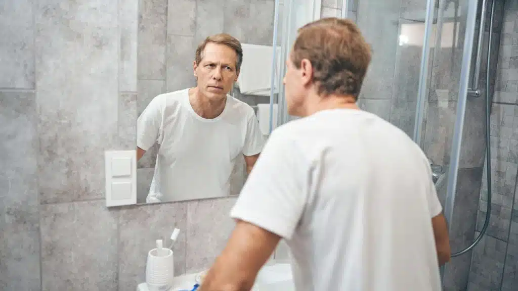 A serious-looking man in a white t-shirt looks at his reflection in a bathroom mirror.