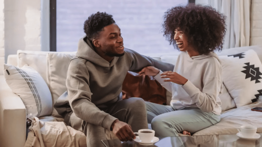 A couple talking at home