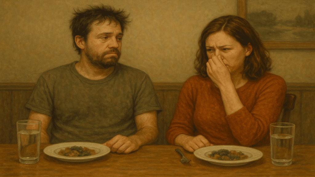 A woman covering her nose so as not to smell her husband