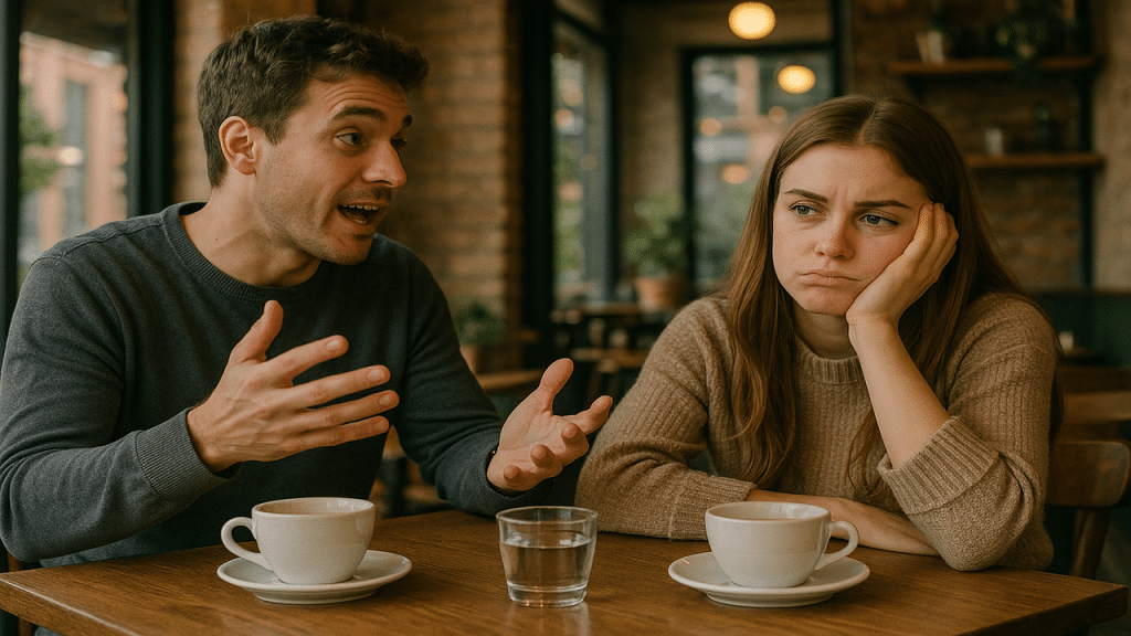 A woman looking bored while her date talks