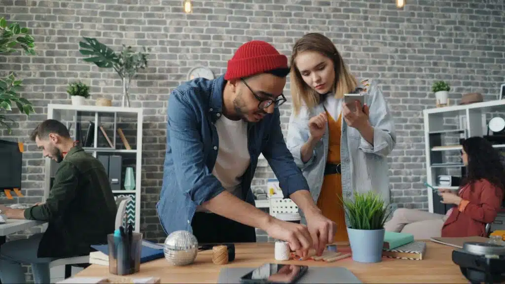 A man doing something for woman