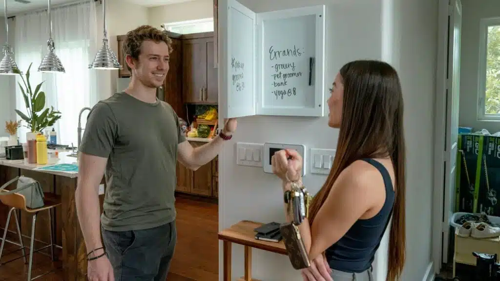 A smiling man and a woman discussing a list of errands written on a whiteboard.