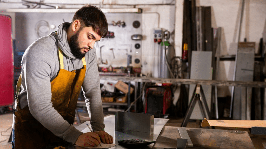 A serious man in a leather apron writes on a paper on a metal table in a workshop.