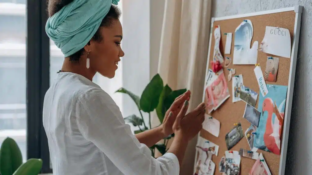 A woman arranging photos and notes on a corkboard.