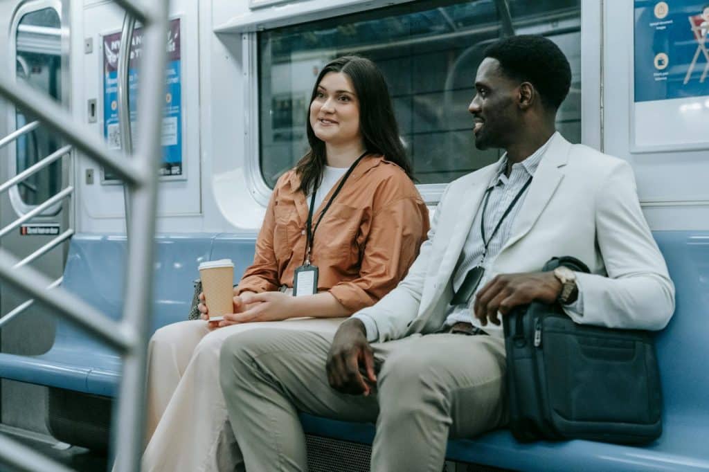 A woman telling a story to a man