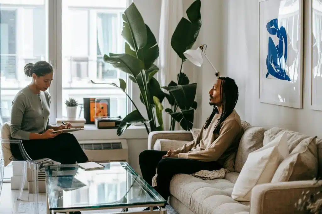 A man and woman talking