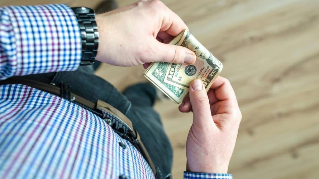 A person in a checkered shirt holding a stack of US dollar bills.