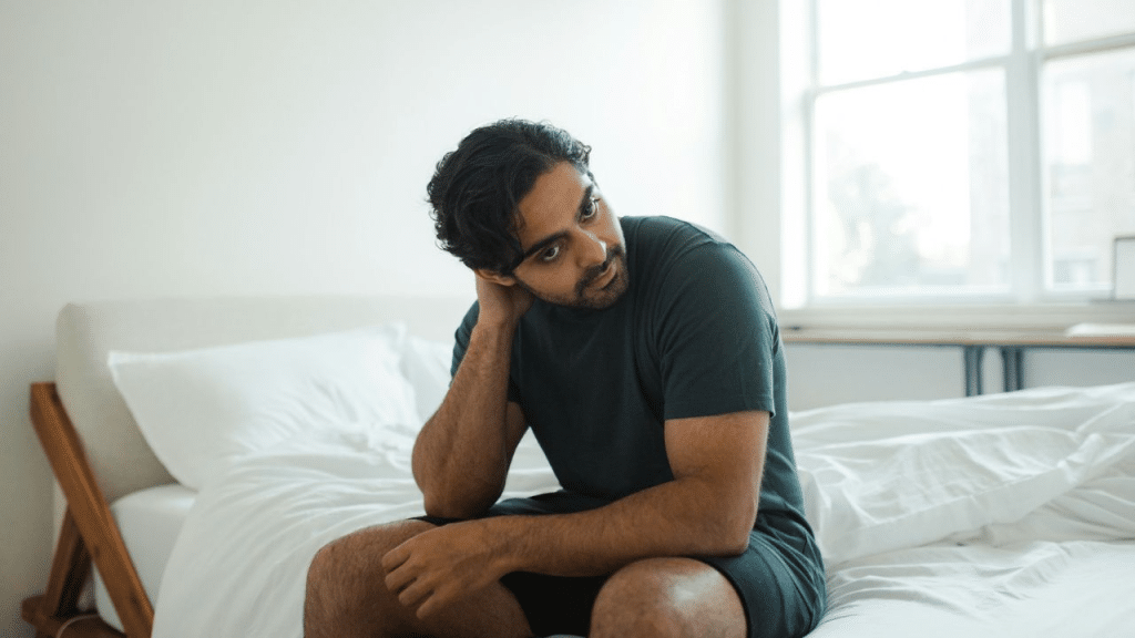 A thoughtful man in a dark green shirt sits on a white bed, resting his hand behind his head.