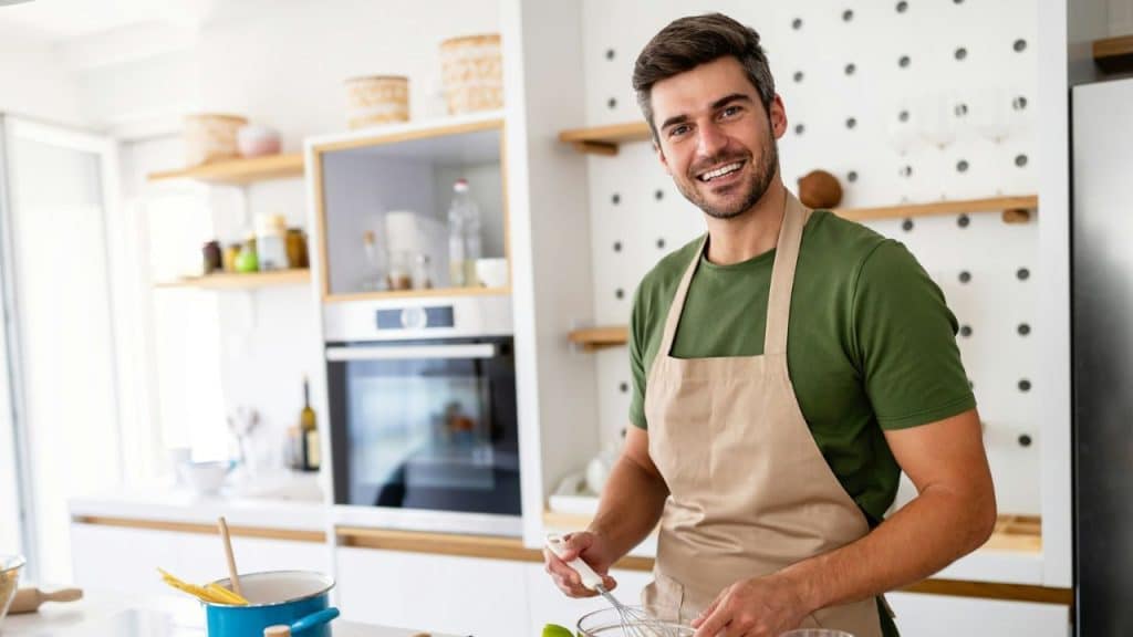 Smiling man in a green shirt and beige apron whisking ingredients in a modern kitchen.