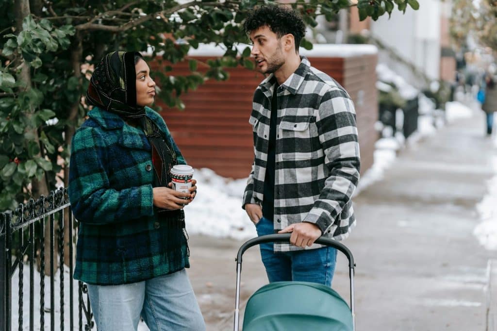 A man and woman standing