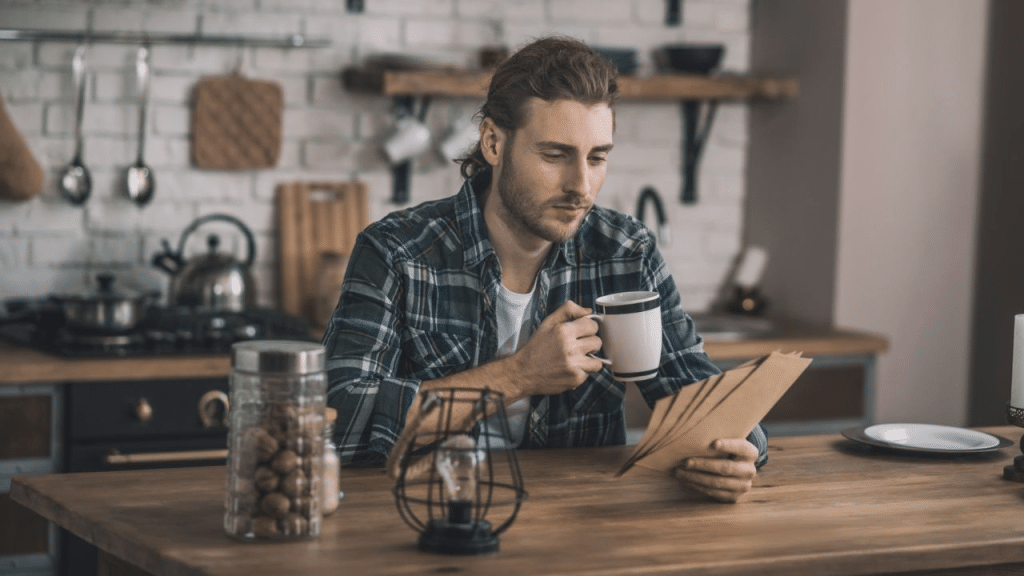 A handsome man sits at a kitchen table, drinking coffee and reading a stack of mail.