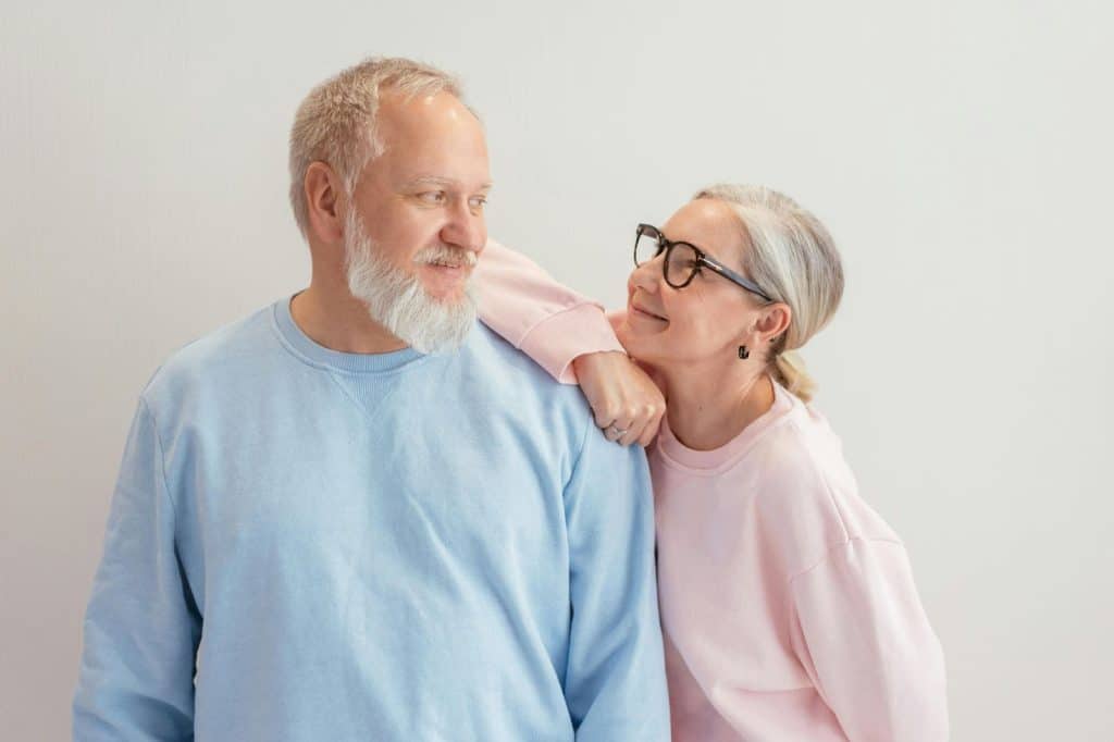 A man and woman looking at each other