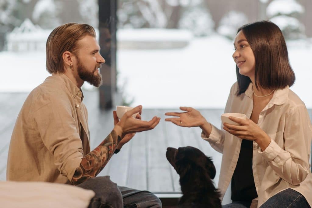 A man and woman talking