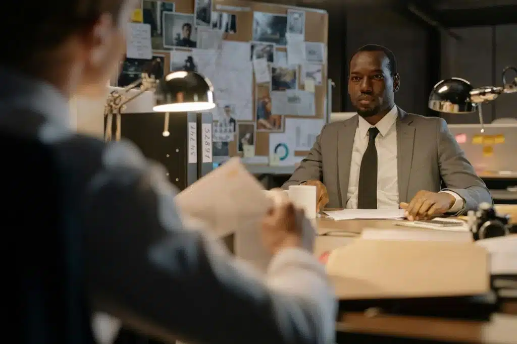 Two men talking while at work