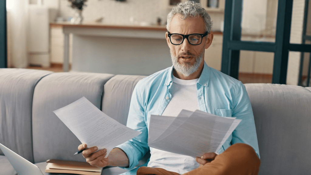 A surprised or worried older man reads documents while sitting on a light-colored couch.