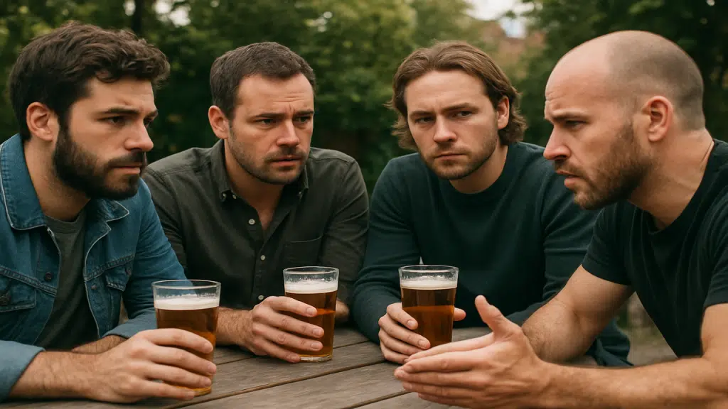 A group of male friends having a serious talk