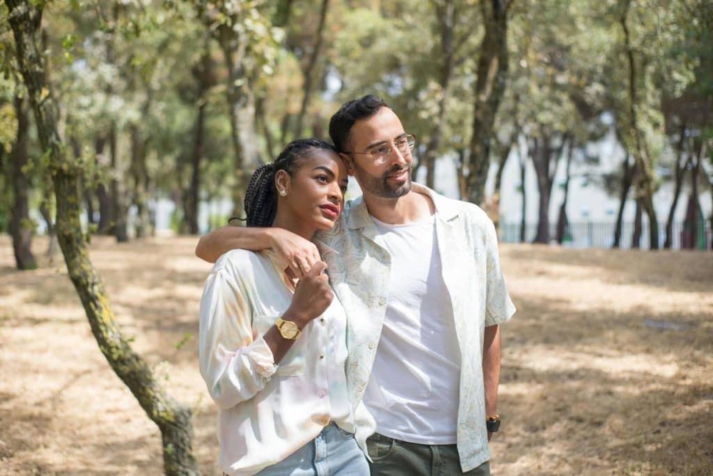 A man embracing a woman