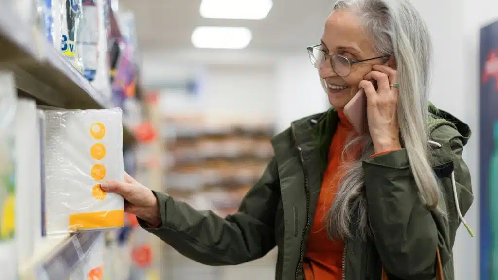 An older woman talking on the phone while shopping in a store aisle.