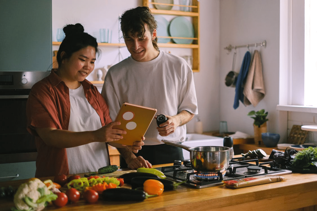 A couple cooking together
