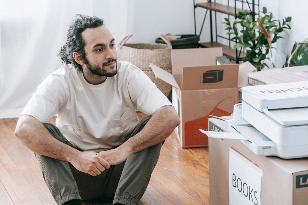 A man sitting on the floor near the boxes