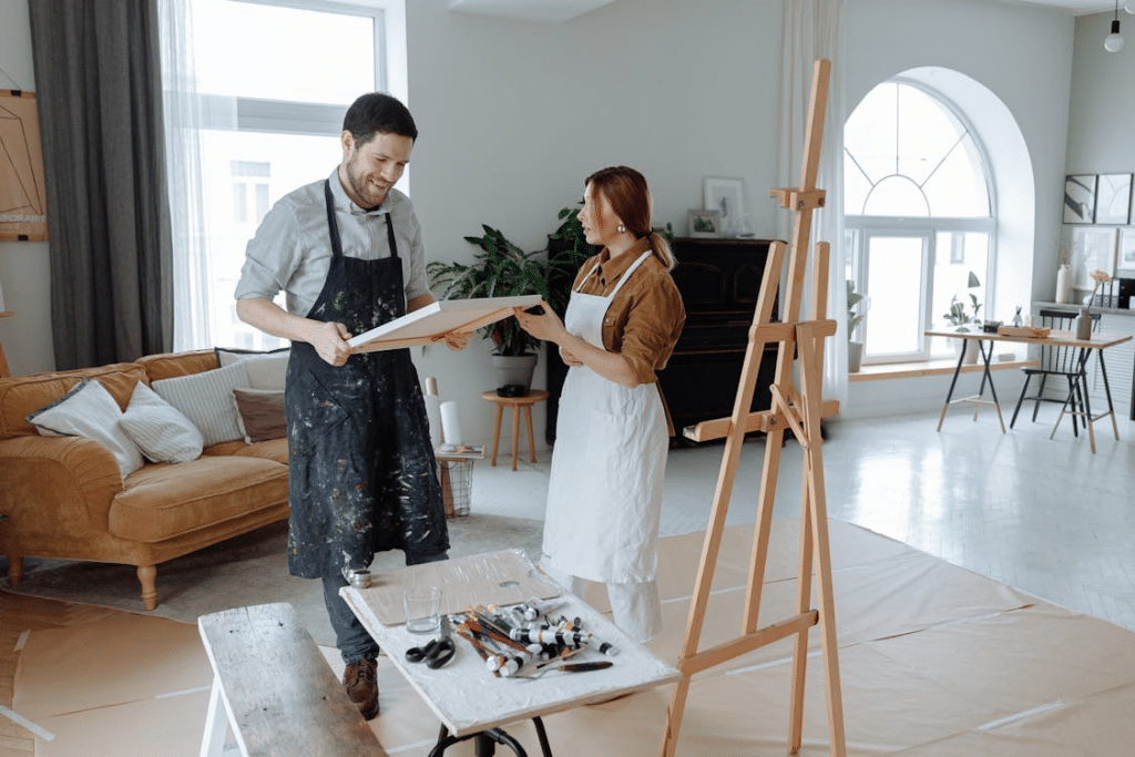 A couple painting together