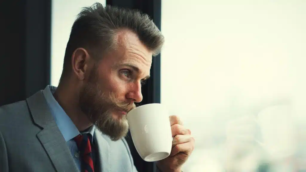 A sharply dressed man with a styled beard and mustache sips from a white mug by a large window.