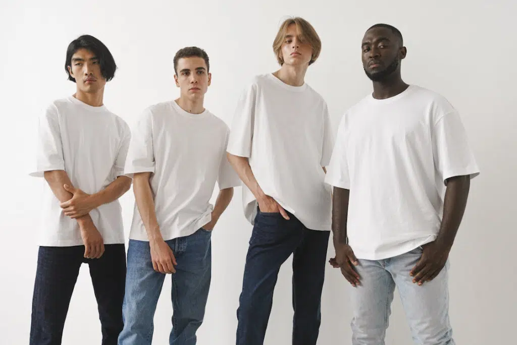 Men wearing plain white t-shirts