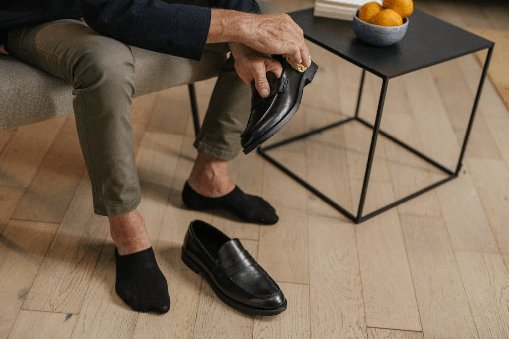 Person in Green Pants Wearing Black Socks