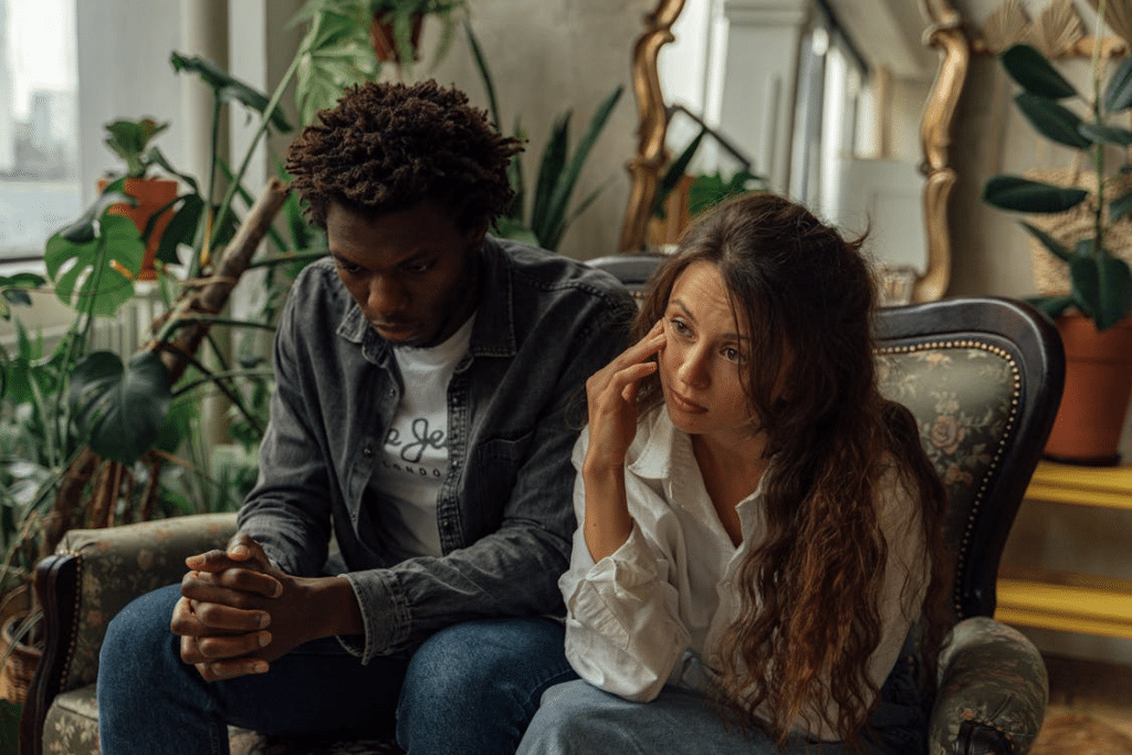Couple sitting on green couch