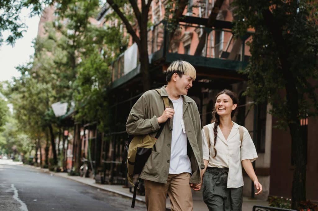 A couple walking outside