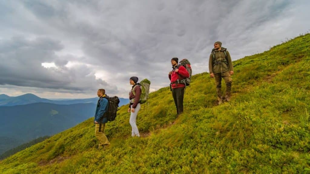 Group of friends hiking outdoors