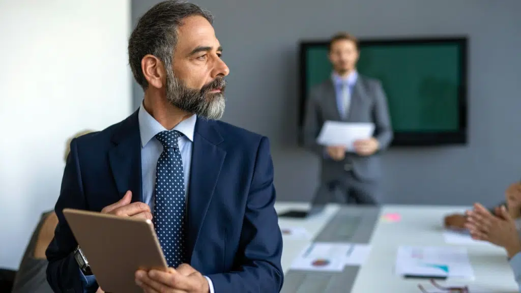Older man with a beard holding a tablet in a business meeting.