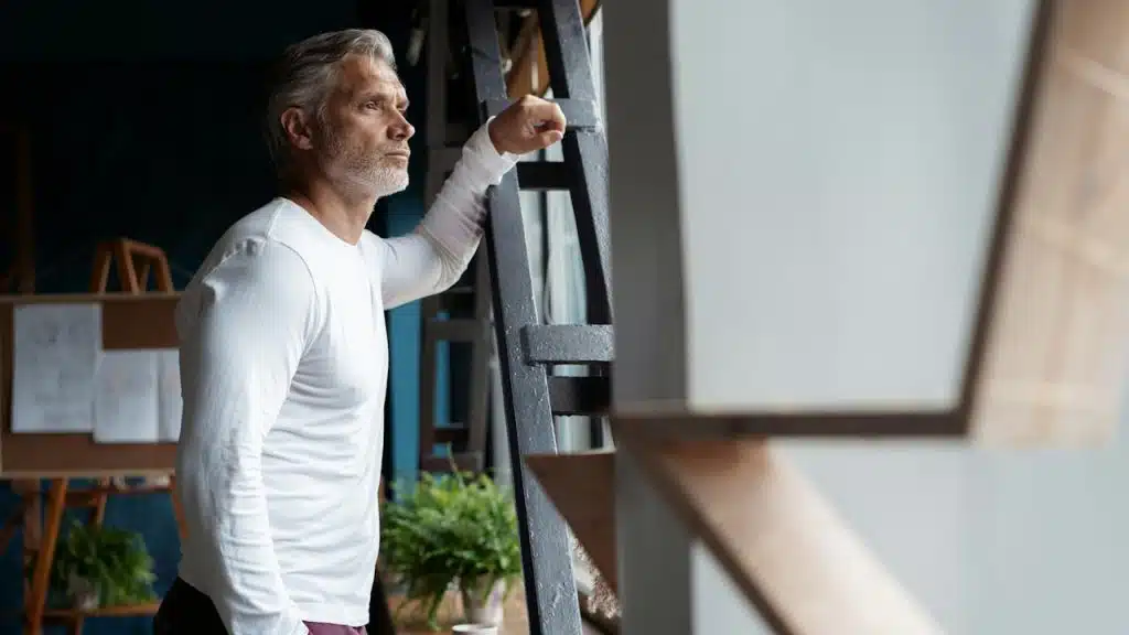 A handsome gray-haired man in a white shirt leaning on a black window frame, looking outdoors.