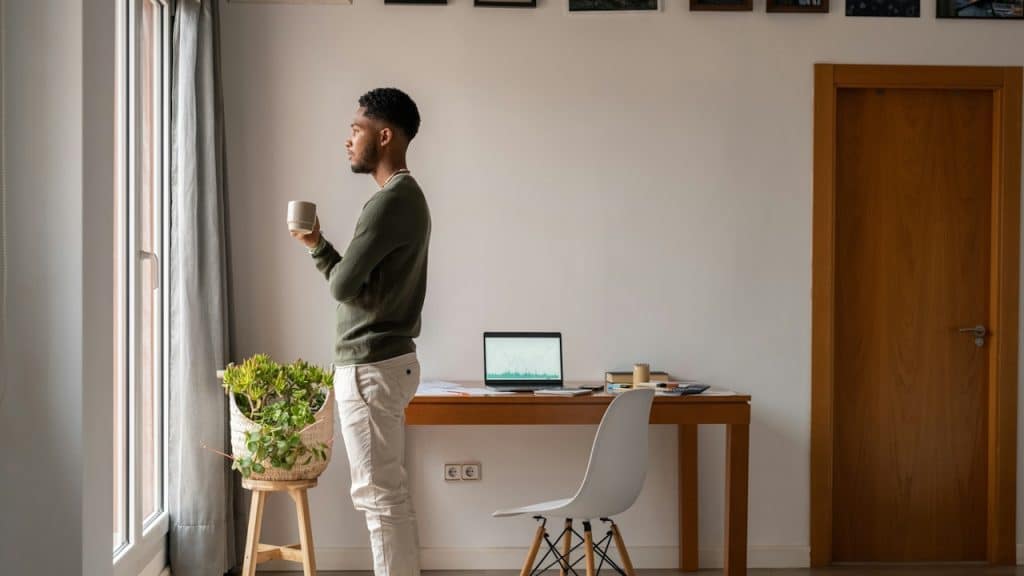 A young man standing in a modern home office, holding a mug and looking out a large window.