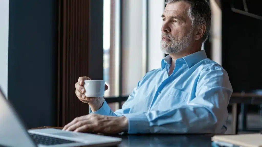 Mature man in blue shirt holding a coffee cup, looking thoughtfully away from a laptop.