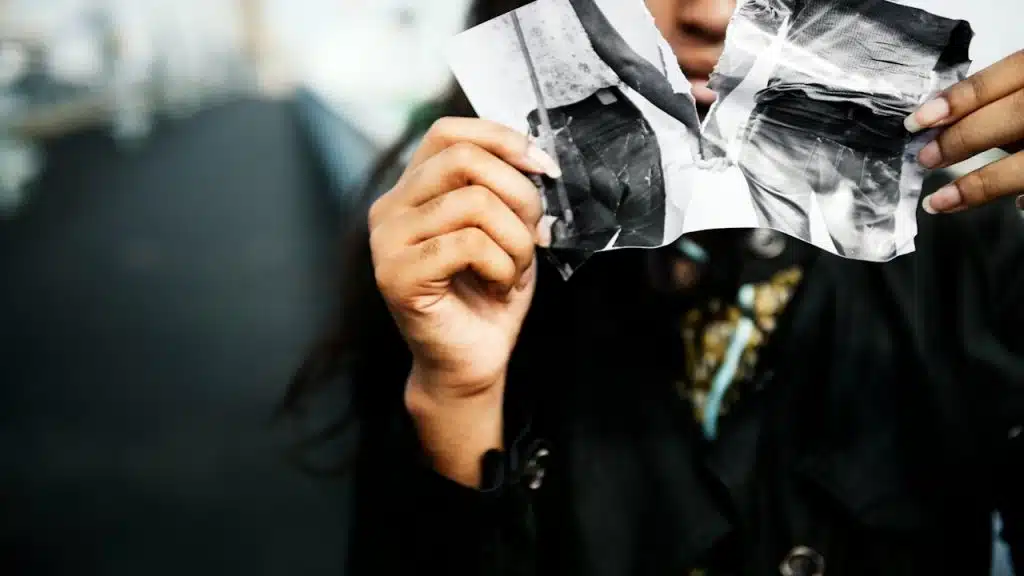 A heartbroken woman ripping an old photo.